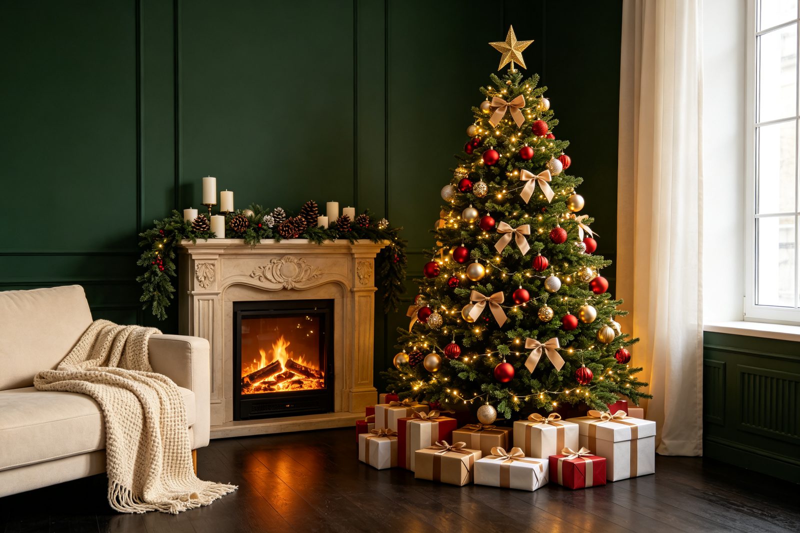 Warm American living room with a beautifully decorated Knoaia Christmas tree, fireplace and wrapped gifts